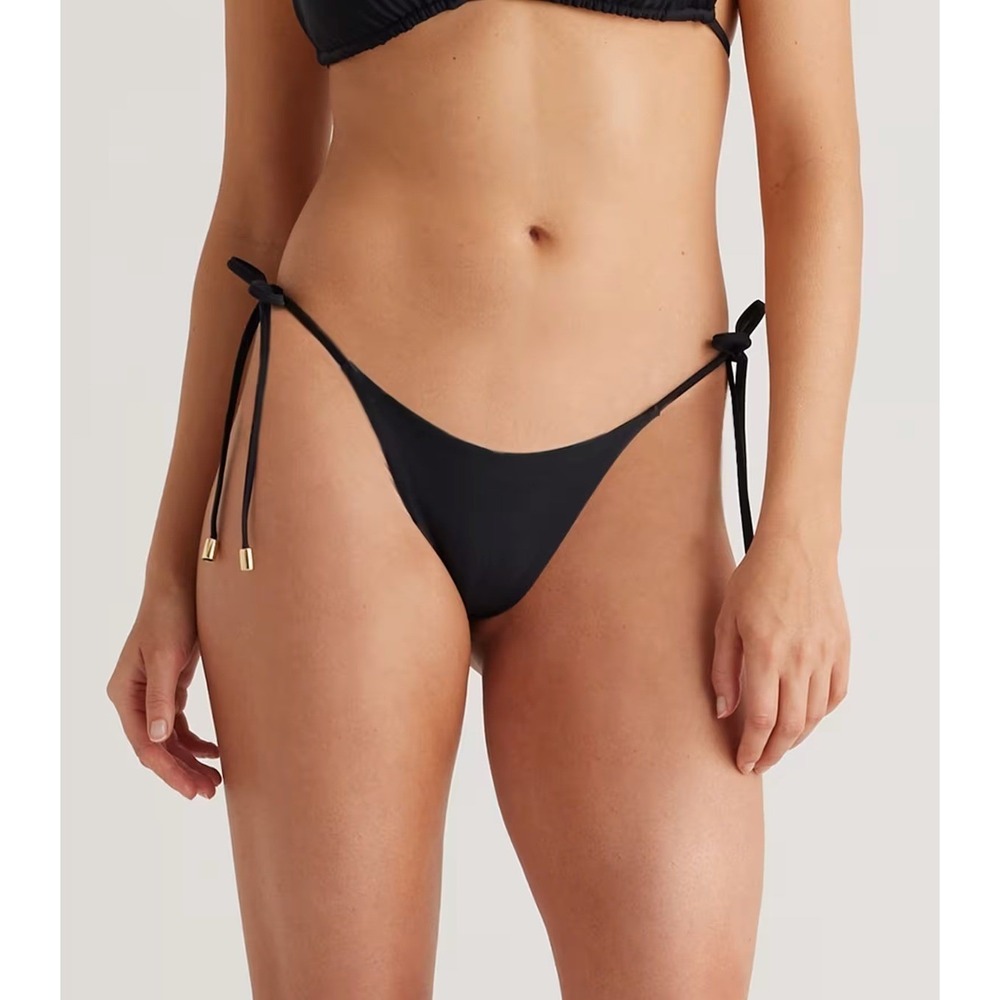 Quince Black String Bikini Bottom Small Recycled UPF 50 Gold Hardware NWT